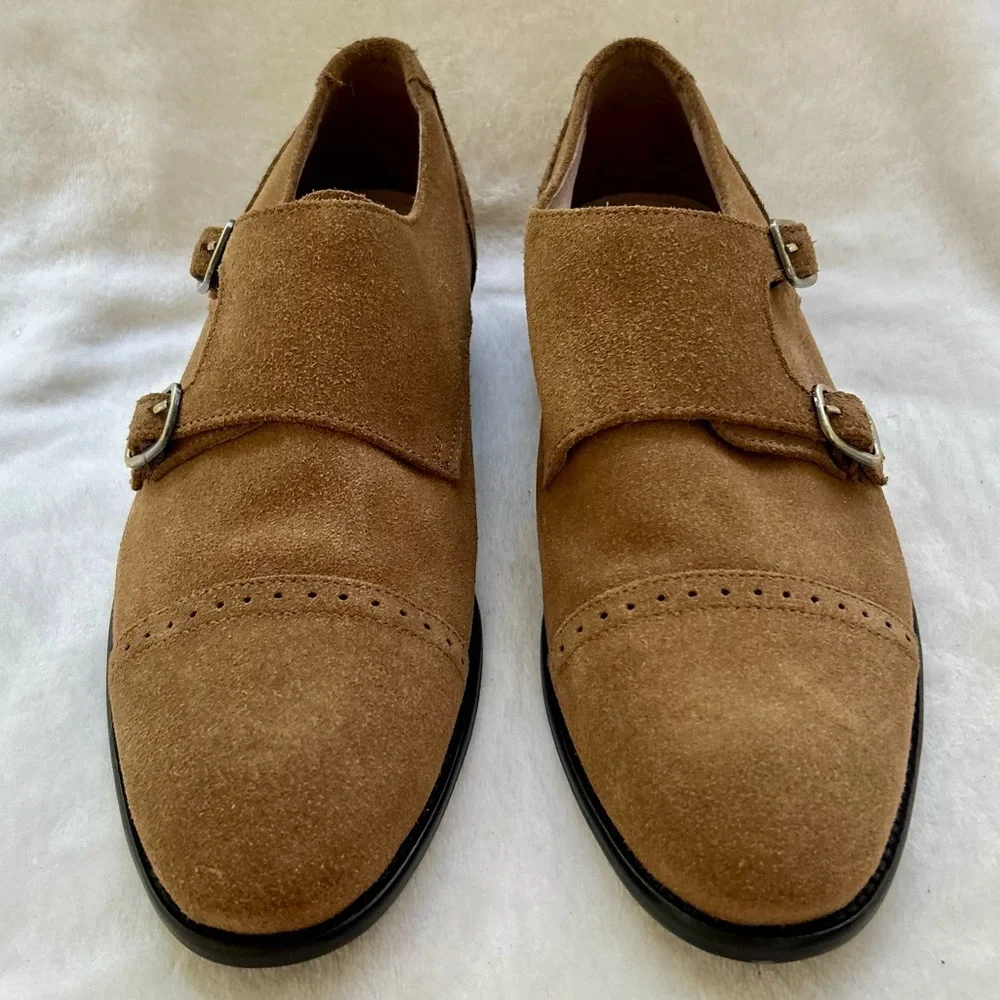 Banana Republic Double Monk Strap Tan Mens Size 8 Shoes Suede Oxfords Flats EUC